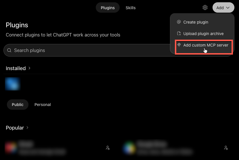 ChatGPT Plugins directory with the Add menu open and Add custom MCP server highlighted