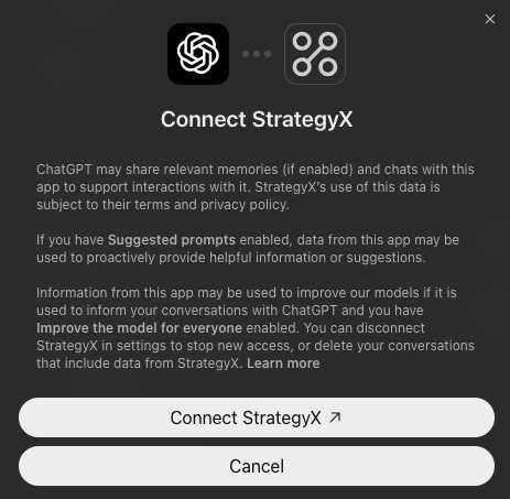 ChatGPT Connect StrategyX window
