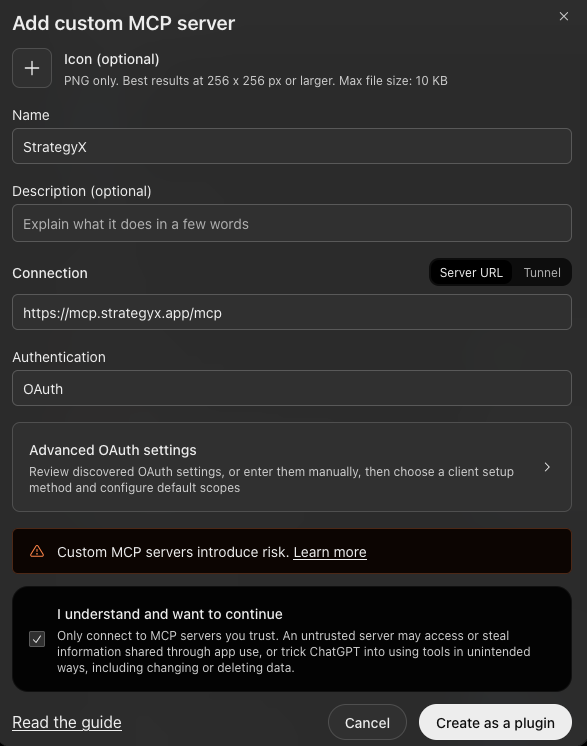 ChatGPT Add custom MCP server form filled in with the StrategyX details