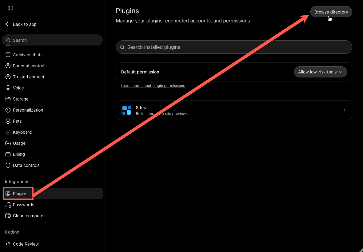 ChatGPT Plugins settings page with the Browse directory button highlighted