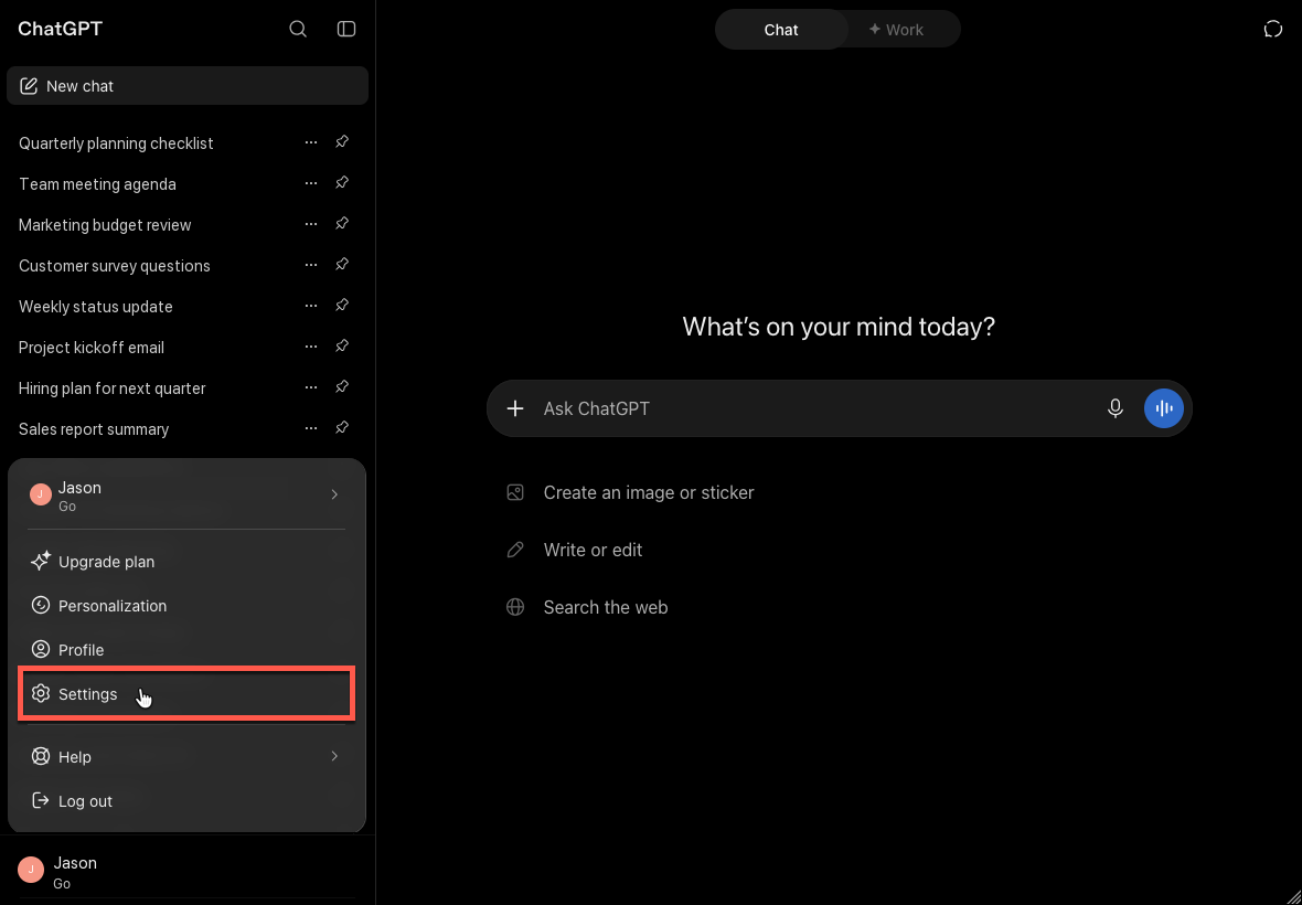 ChatGPT profile menu with the Settings option highlighted