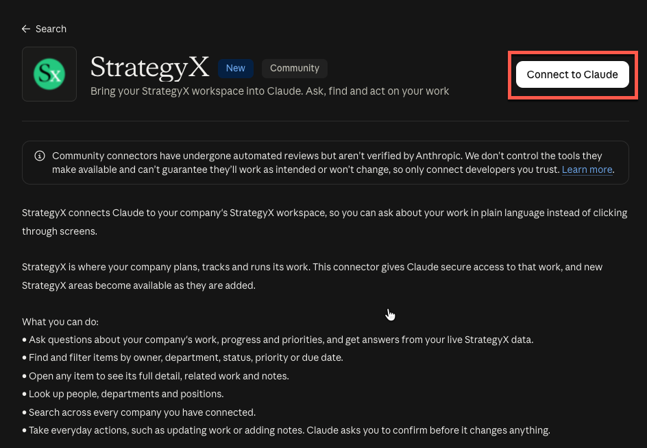 StrategyX connector page in Claude with the Connect to Claude button highlighted