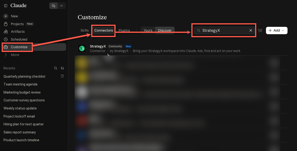 Claude Customize page with Connectors and Discover selected and StrategyX shown in the search results