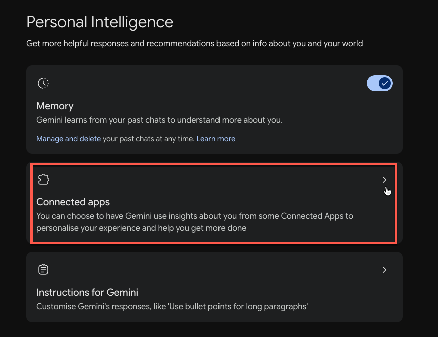 Gemini Personal Intelligence page with Connected apps highlighted