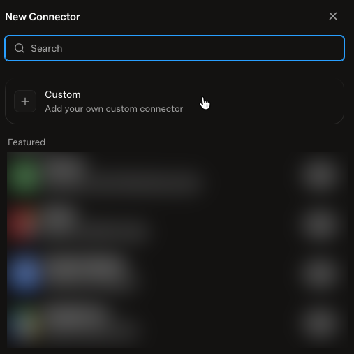 Grok New Connector window with the Custom option